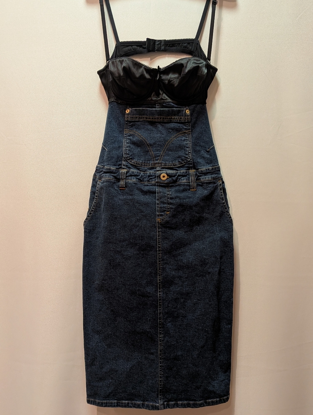 Dolce and Gabbana Dark Blue Denim Overall Pencil Skirt with Black Bustier